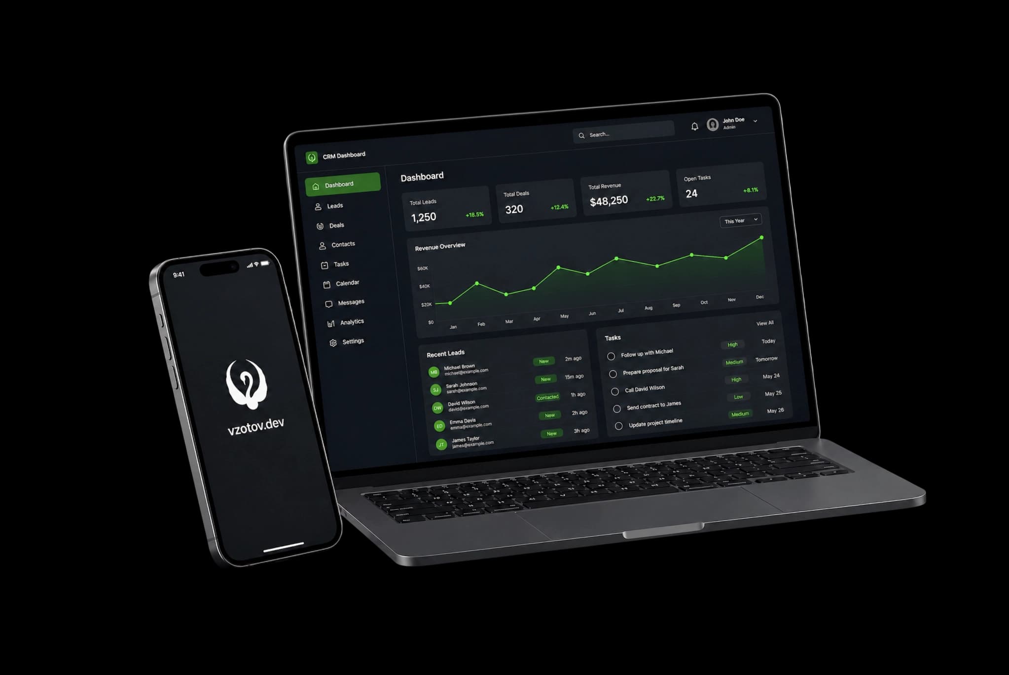 Ноутбук с CRM-панелью и iPhone с логотипом PushCode