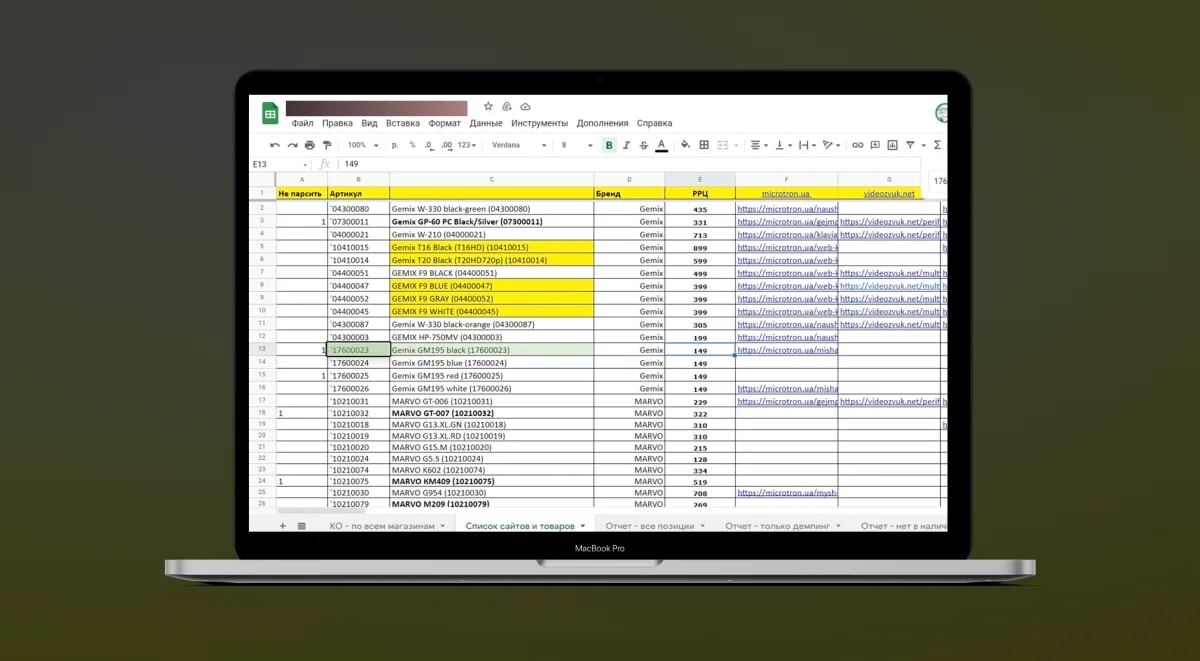 Парсер цен — отчёт в Google Таблицах с ценами конкурентов
